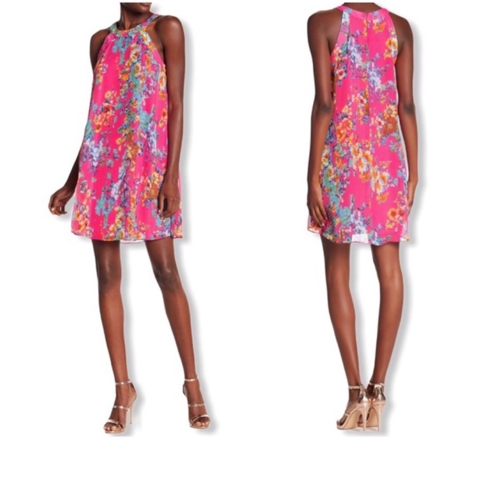 Betsey Johnson Pink Floral A-Line Chiffon Trapeze Halter Mini Dress Sz 4